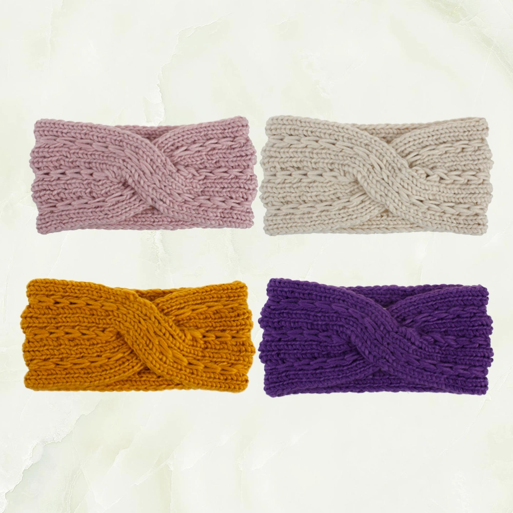 4Pcs Woolen Yarn Headband Cross Hair Band Knitted Hair Hoops Handmade Hair Accessories Beige Yellow Pink Purple for Each 1Pc