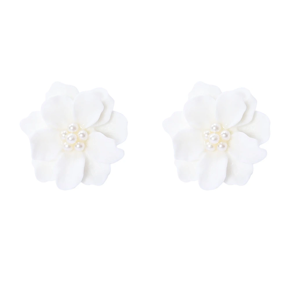 1Pair Women Earrings Small Fresh Festival Symmetrical Resin Camellia Ear Studs and Rings Jewelry Gift (White)