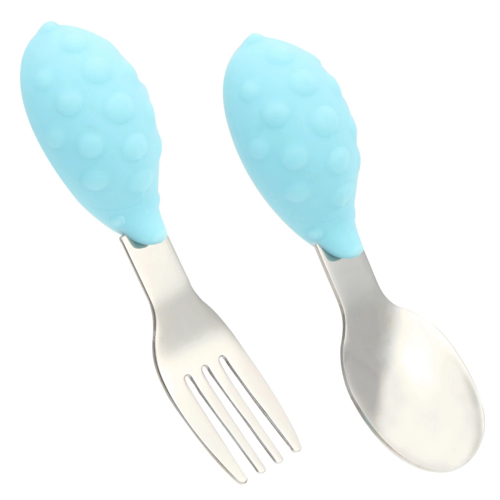 1 Set of Safe Silicone Children Spoon Fork Stainless Steel Dining Tool for Baby