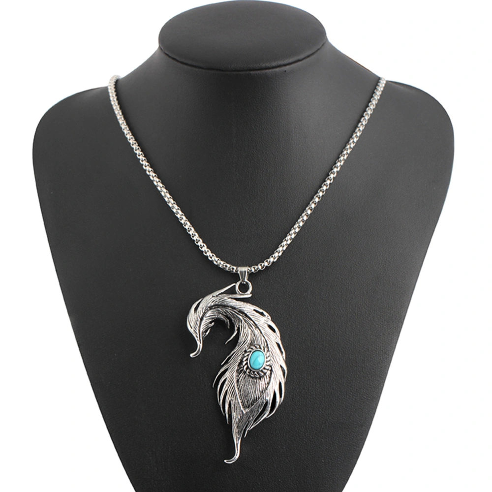 Retro Men Women Feather Pendant Necklace with Turquoise Decoration Chain Necklace (Silver)