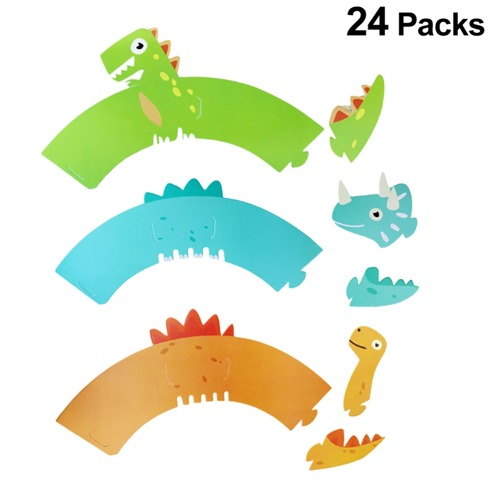 24 Sets Cartoon Dinosaur Patterns Cupcake Wrappers 3D Paper Baking Cake Decoration Wraps for Baby Shower Birthday Party (3 Patterns)