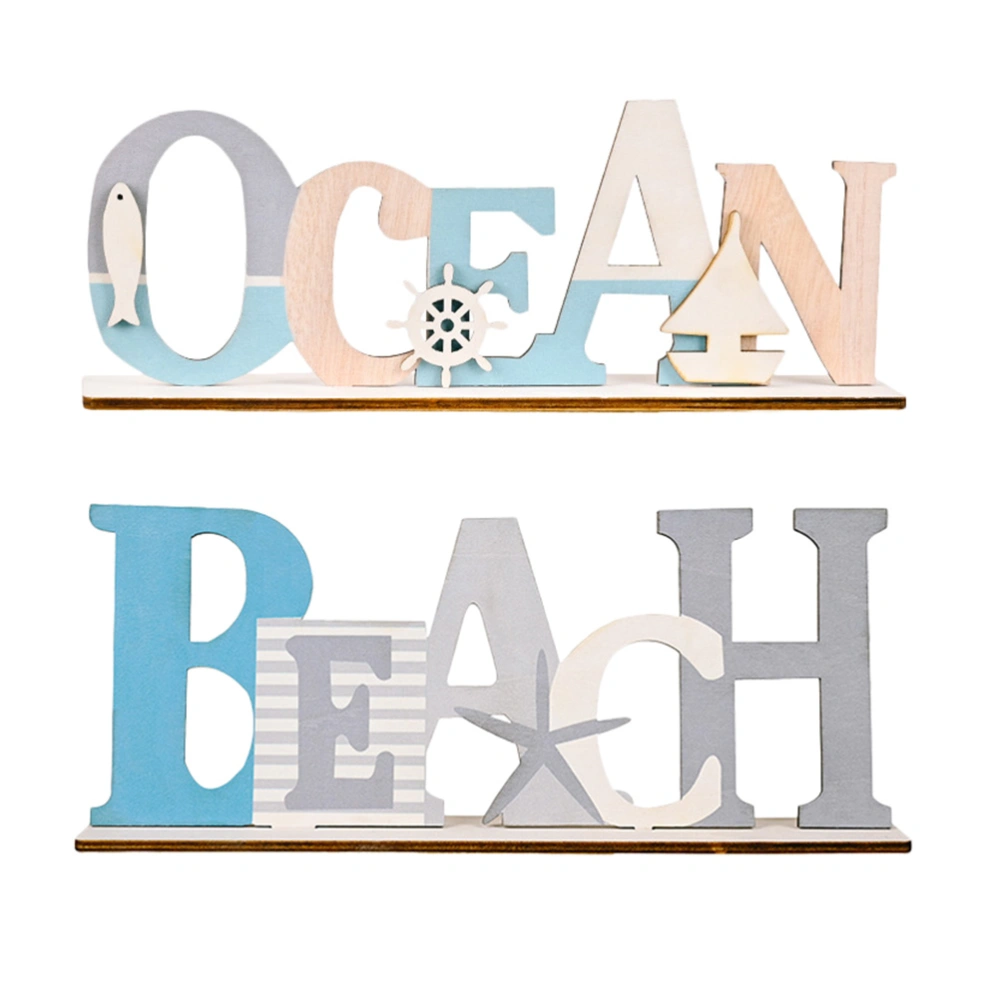 2PCS Mediterranean Style Wooden Ocean and Beach Sign Desktop Ornament Decor Sign