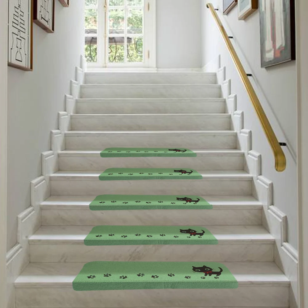 5 PCS Kitten Pattern Non-slip Stair Carpets Treads Washable Noise Reduction Cuttable Stair Tread Mats (Green)