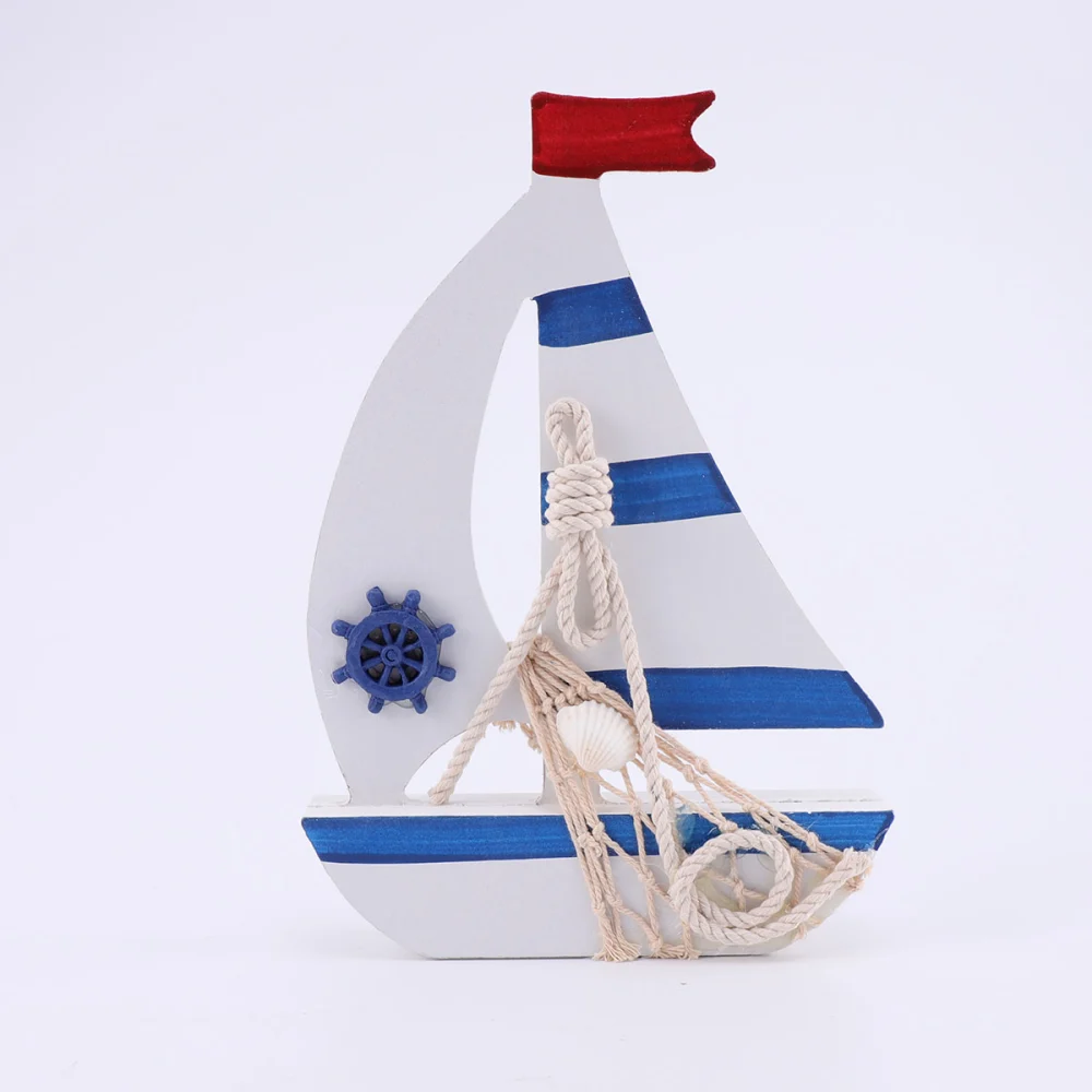 1Pc Mediterranean Sailing Ornaments Smooth Yawl Solid Wood Marine Boat Model Wedding Gifts Wooden Decors for Home Office (Blue 3)