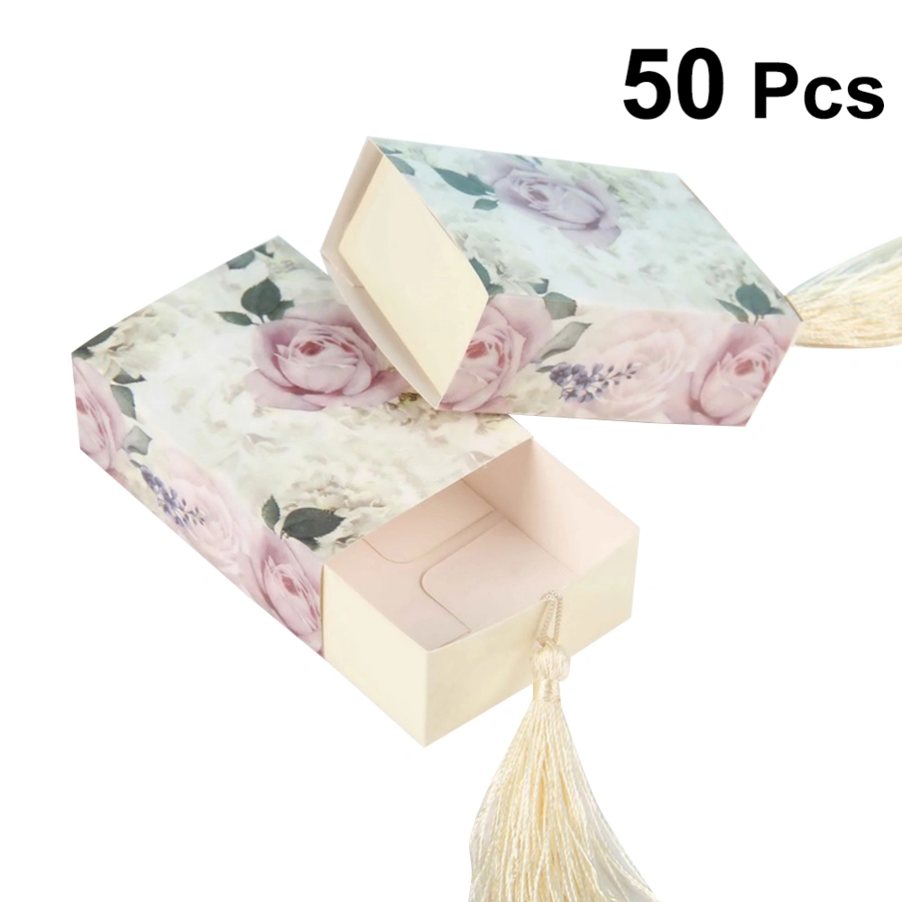 50pcs Floral Candy Box Drawer Design Party Favor Boxes Craft Paper Box with Tassel for Pulling