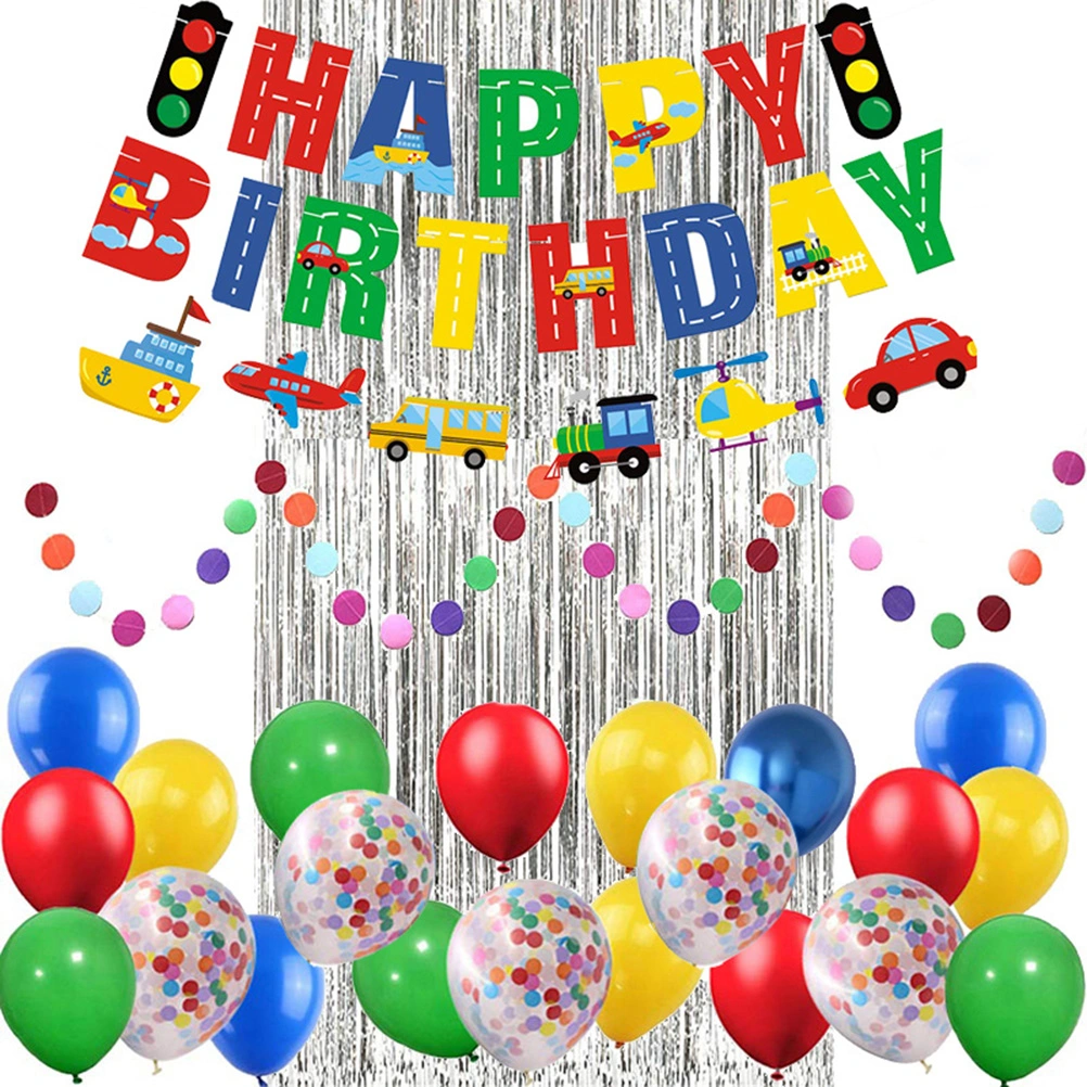 29pcs in 1 Set Various Transportation Theme Birthday Banner Balloon Set Letter Bunting Traffic Design Flag Confetti Balloon Set Birthday Party Rain Curtain Decoration Layout Supplies