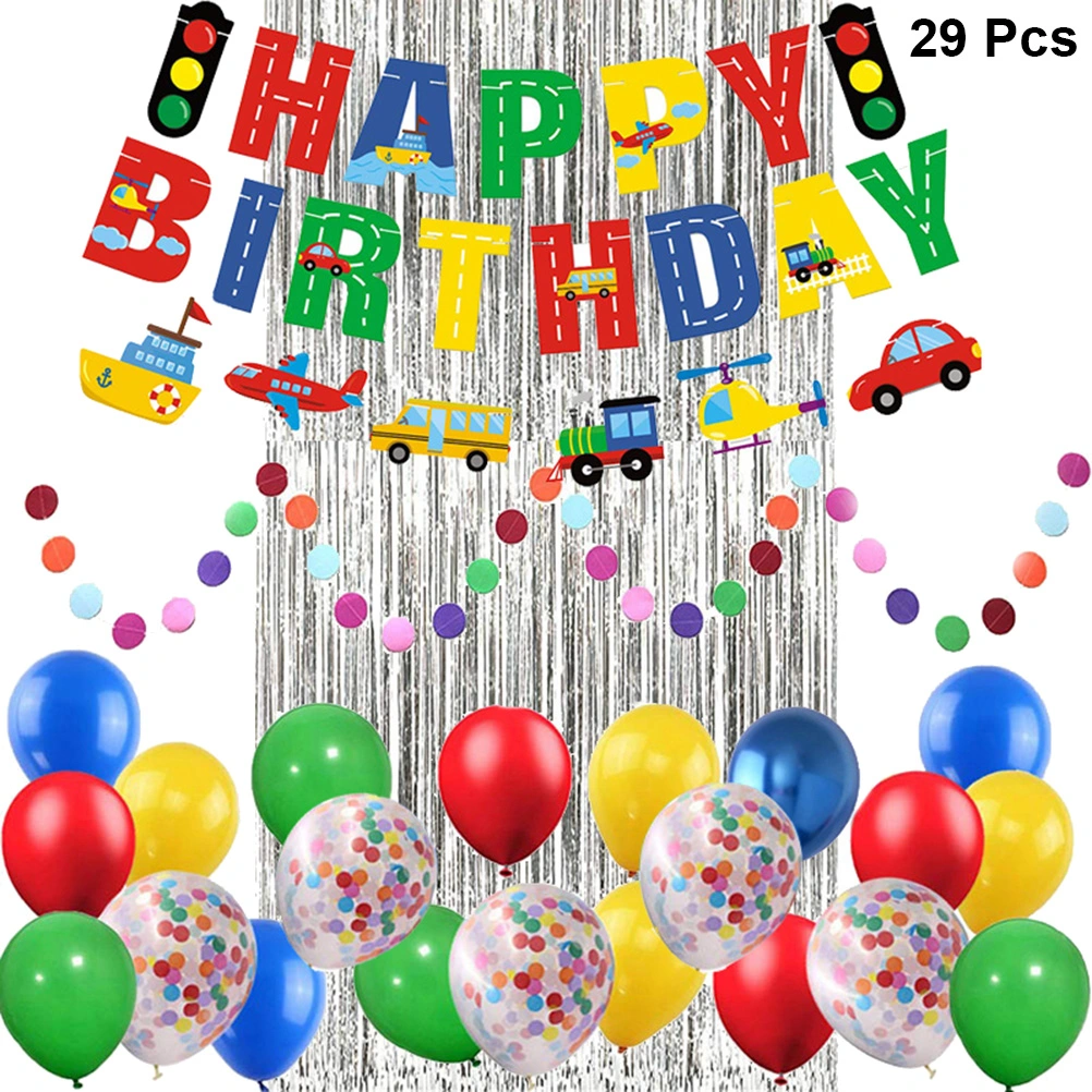 29pcs in 1 Set Various Transportation Theme Birthday Banner Balloon Set Letter Bunting Traffic Design Flag Confetti Balloon Set Birthday Party Rain Curtain Decoration Layout Supplies