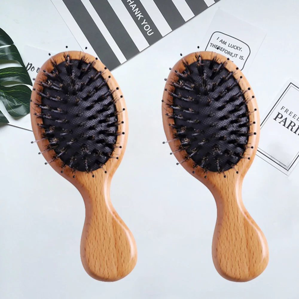 2 Pcs Bristle Hair Brushes Mini Natural Beech Wood Handle Hair Brush Anti-static Massage Detangling Comb