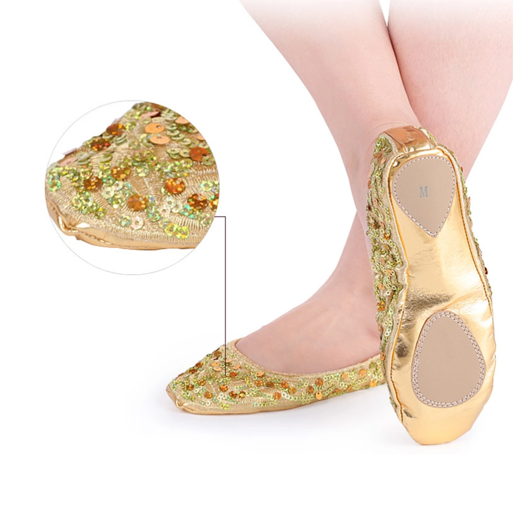 1 Pair of Anti-Slip Sequin Dancing Shoes Round Plate Latin Shoes Dancing Accessories Size M 36-37 Yards Golden