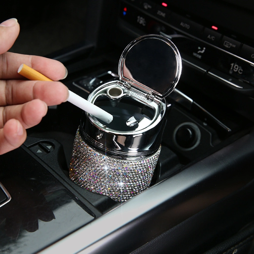 Diamond Decorative Car Ashtray Small Current Multi-Function Ashtray Portable Metal Cigarette Holder Car Box (White)