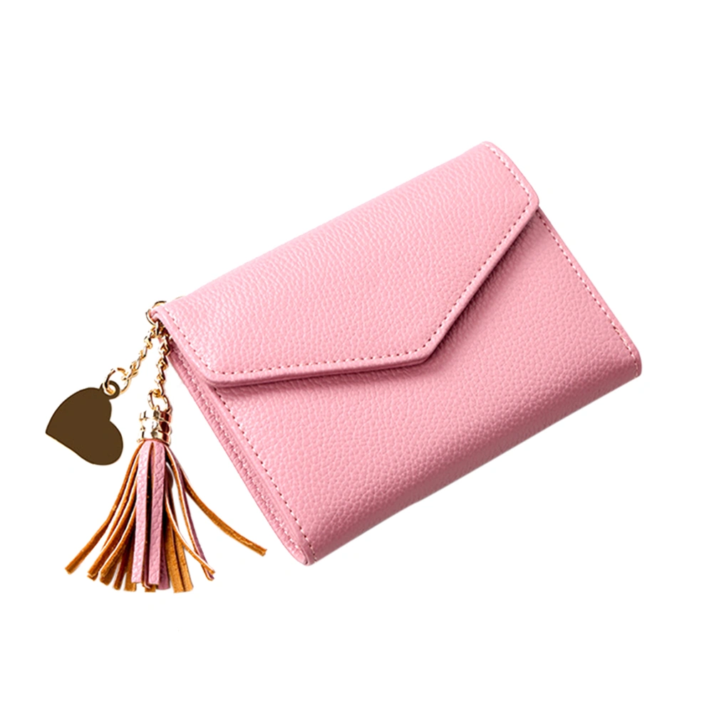 Women Wallet Purse with Tassel Pendant Short Money Purse Zipper Bag Wallets Cardbag (Light Pink)