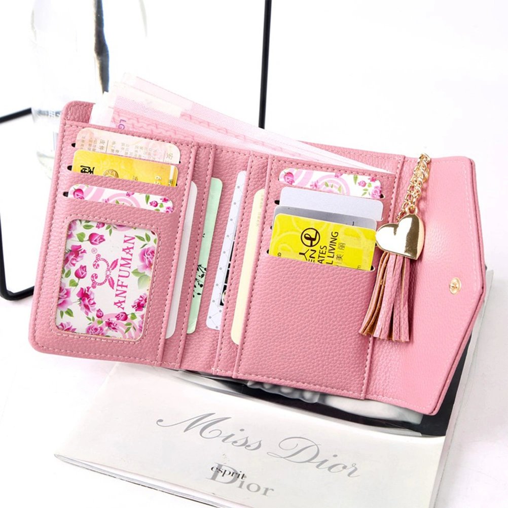 Women Wallet Purse with Tassel Pendant Short Money Purse Zipper Bag Wallets Cardbag (Light Pink)