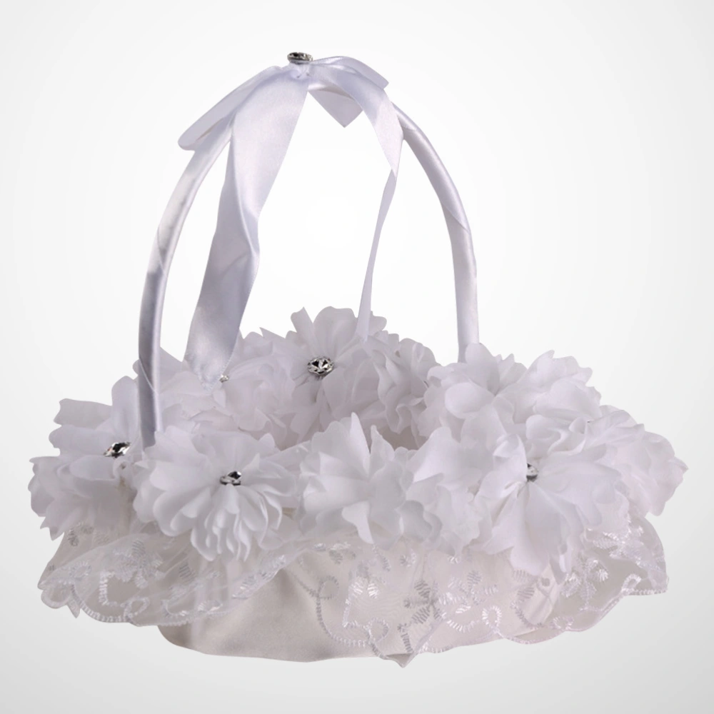 Wedding Flower Girl Basket Lace Bowknot Flower Bride Basket for Bridal Ceremony Party Decoration (White)