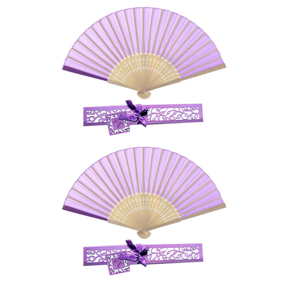 2pcs Classic Folding Fans Delicate Chinese Style Fan Bamboo Framework Fan with Box for Women (Purple)