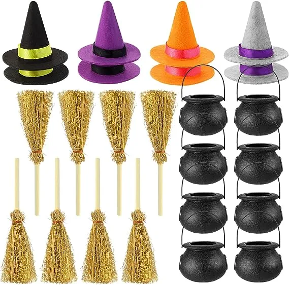 1 set of Halloween Mini Witch Hats Mini Broom Small Cauldron Halloween Decorations