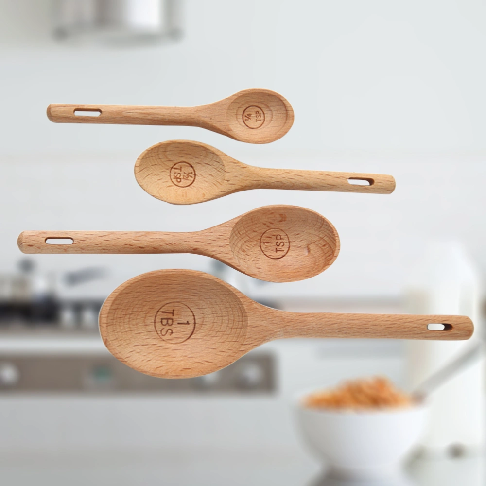 4 Pcs Portable Beech Measuring Spoons Natural Wooden Engraved Accurate Spoons Baking Utensil Set for Dry and Liquid Ingredients