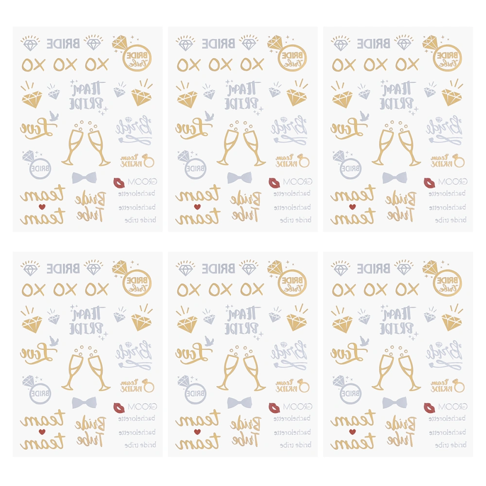 6 Sheets Waterproof Bachelorette Stickers Team Bride Tattoos Body Arm Art Temporary Gold and Silver Metallic Tattoos For Single Party Favors (VT416)