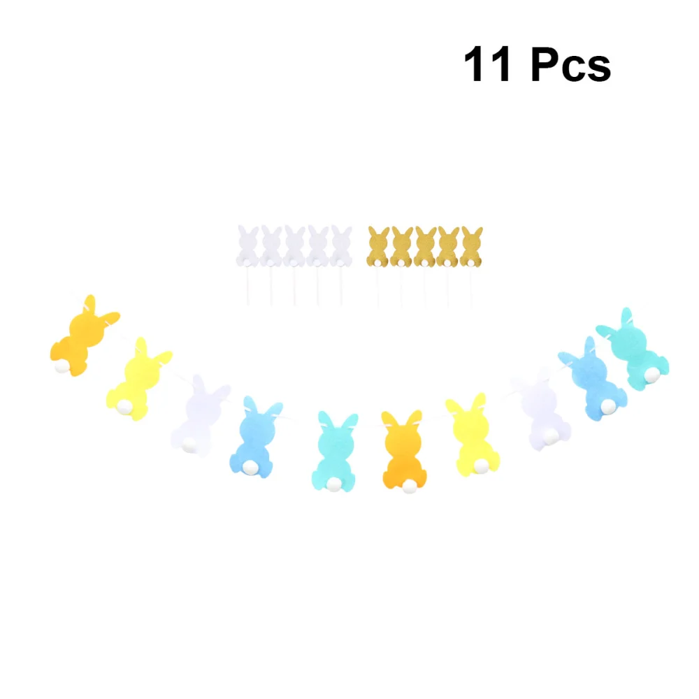 11pcs in 1 Set Rabbit Shape Banner Cake Topper Set Colorful Easter Garland Rabbit Bunting Felt Bunny Flag Party Supplies for Easter Party Decorations(1 Set Rabbit Banner, 5pcs Golden with White Tail Cake Topper and 5pcs Silver with White Tail Cake Topper)