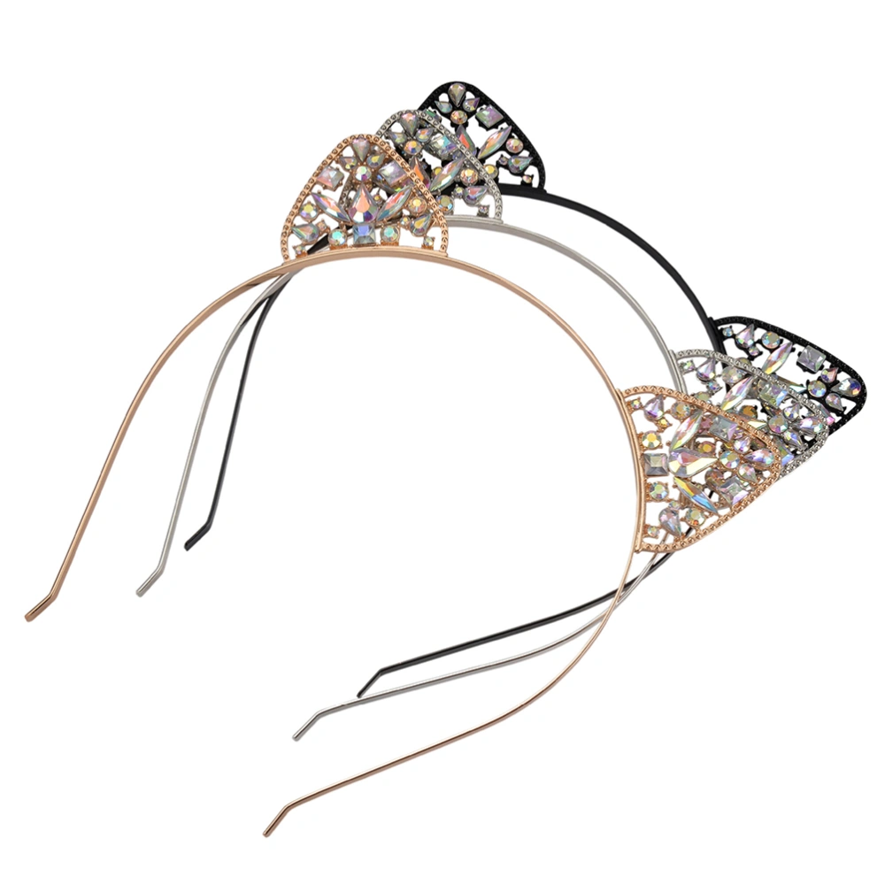 3pcs Alloy Rhinestone Headdress Cat Ear Shaped Headbands Christmas Hair Hoops Party Headwear