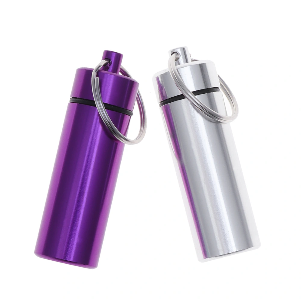 2pcs Mini Aluminum Alloy Keychain Pill Bottle Holder Waterproof Single Pill Case Box (Silver + Purple)