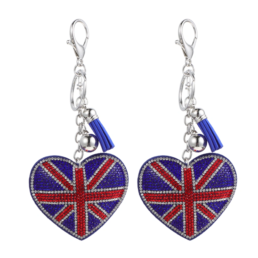 2Pcs Union Jack Keychain Heart-shaped Key Ring Rhinestone Alloy Keychain Women Bag Pendant