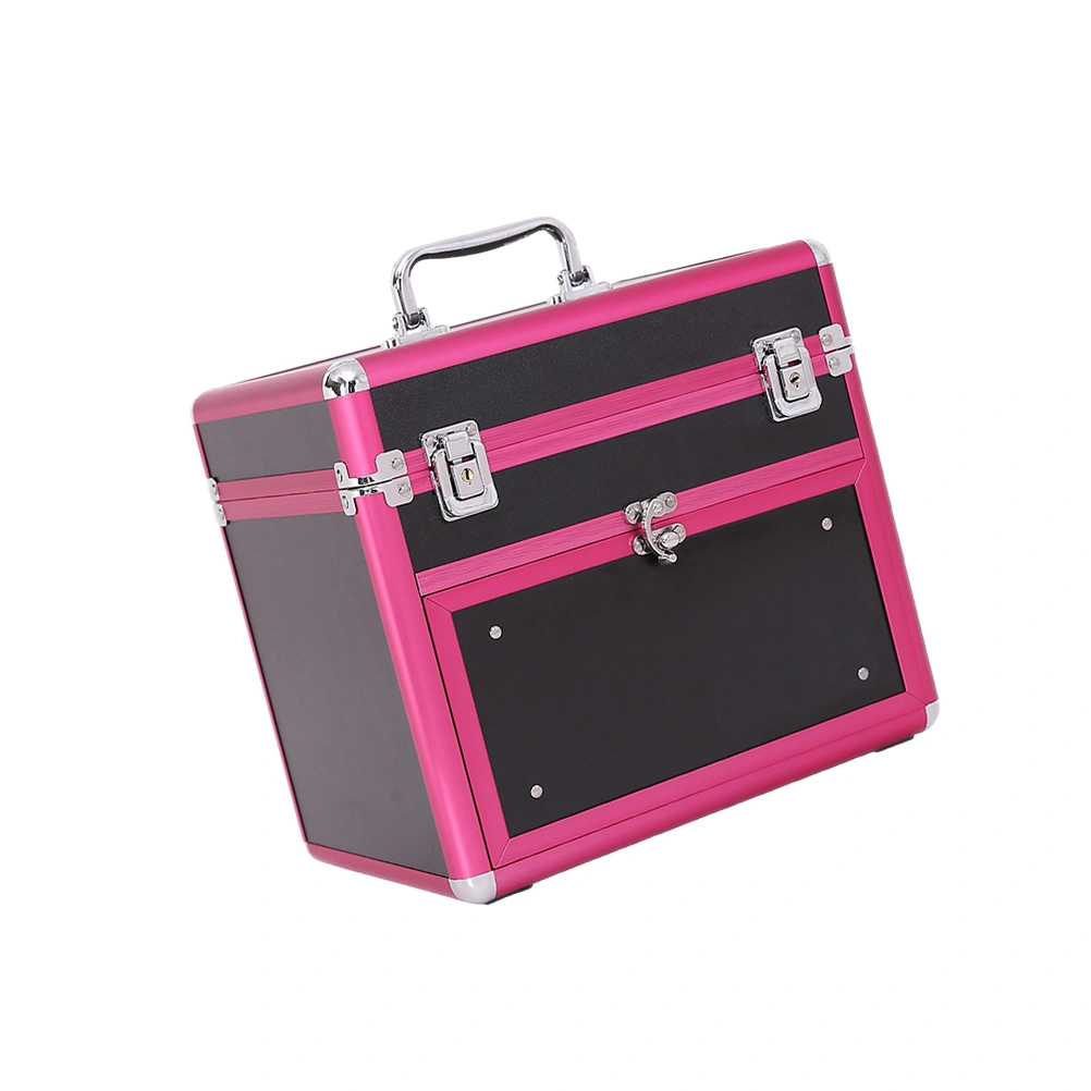 Portable Nail Beauty Box Large Capacity Cosmetic Box Aluminium Storage Container with Drawer for Women Black and Red