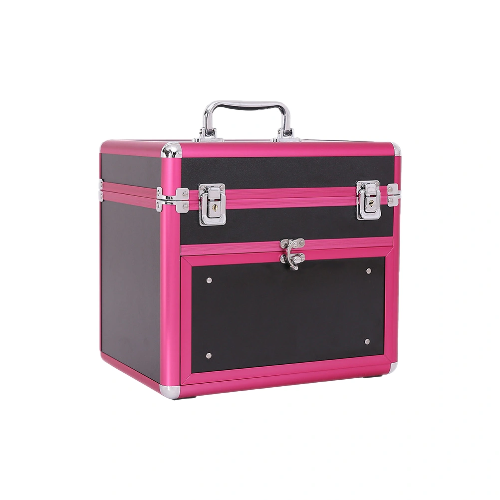 Portable Nail Beauty Box Large Capacity Cosmetic Box Aluminium Storage Container with Drawer for Women Black and Red