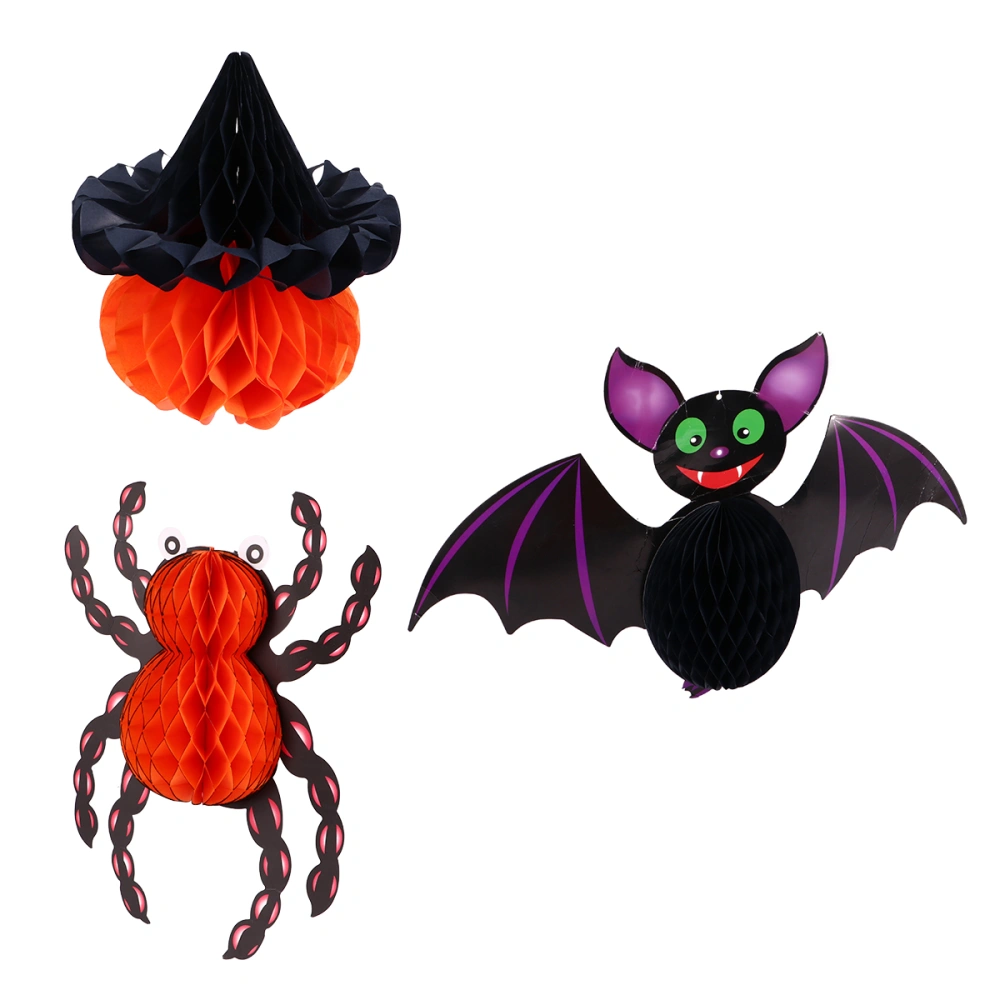 3Pcs Halloween Party Bats Spider Hanging Decoration Honeycomb Balls Pendants