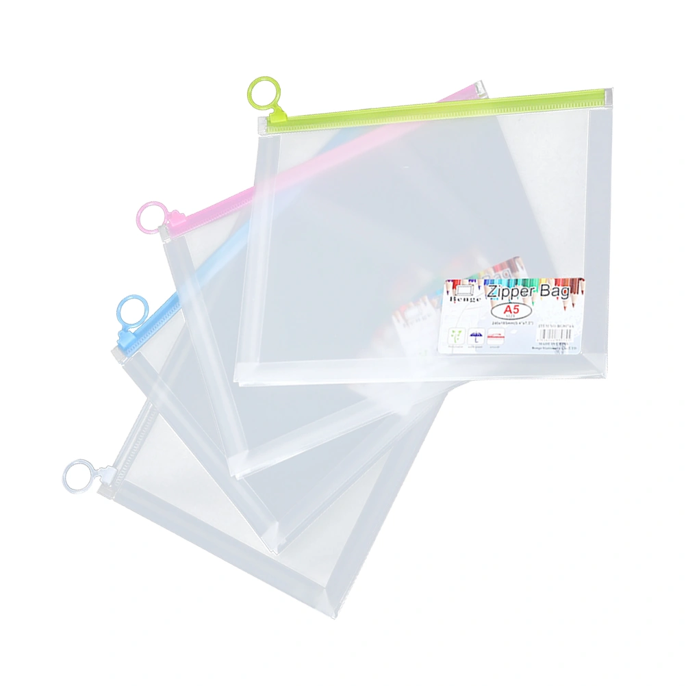 4pcs Transparent Zipper File Bags Colored A4 Document Holder Plastic Storage Pouch for School Office (Random Color)