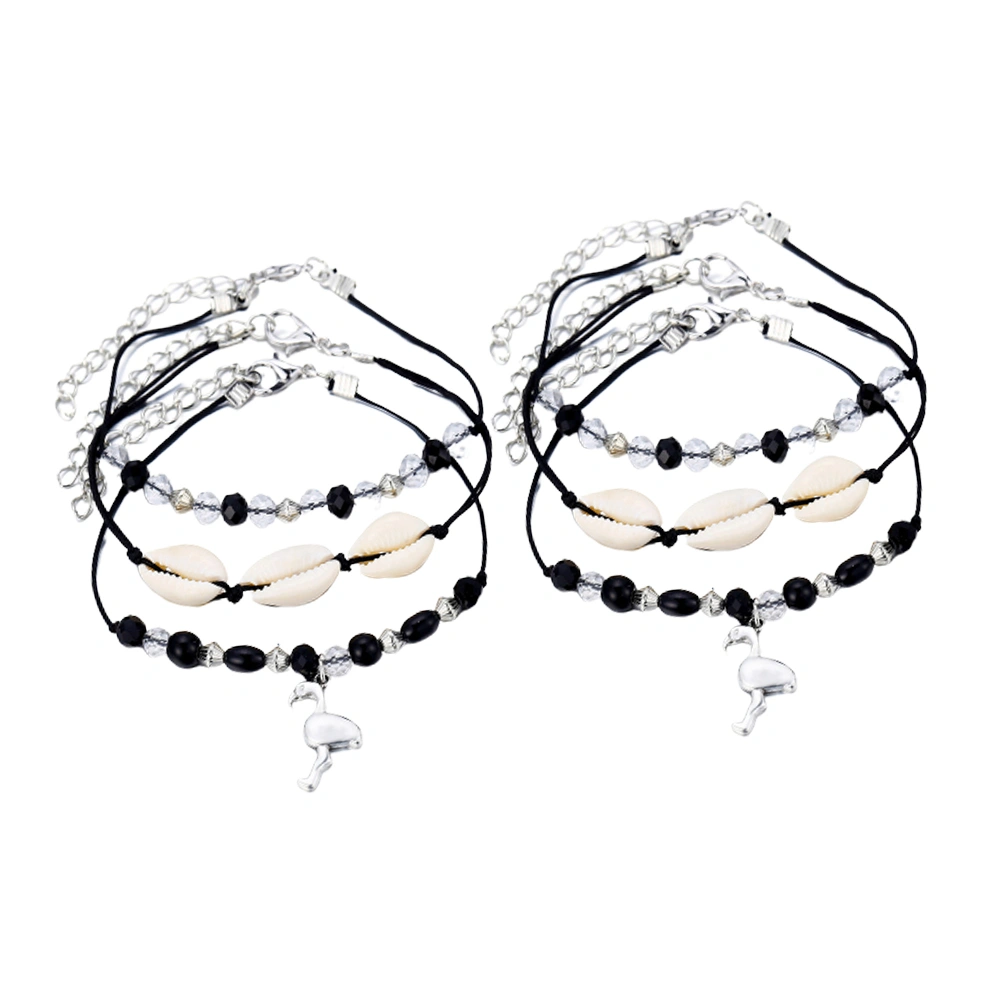 2pcs Vintage Fashion Shell Anklets Beaded Flamingo Beach Anklets Crystal Foot Hanging Chain Pendant Jewelry Decor 