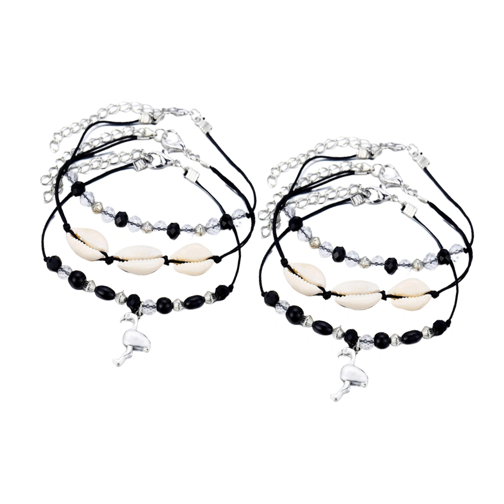 2pcs Vintage Fashion Shell Anklets Beaded Flamingo Beach Anklets Crystal Foot Hanging Chain Pendant Jewelry Decor 