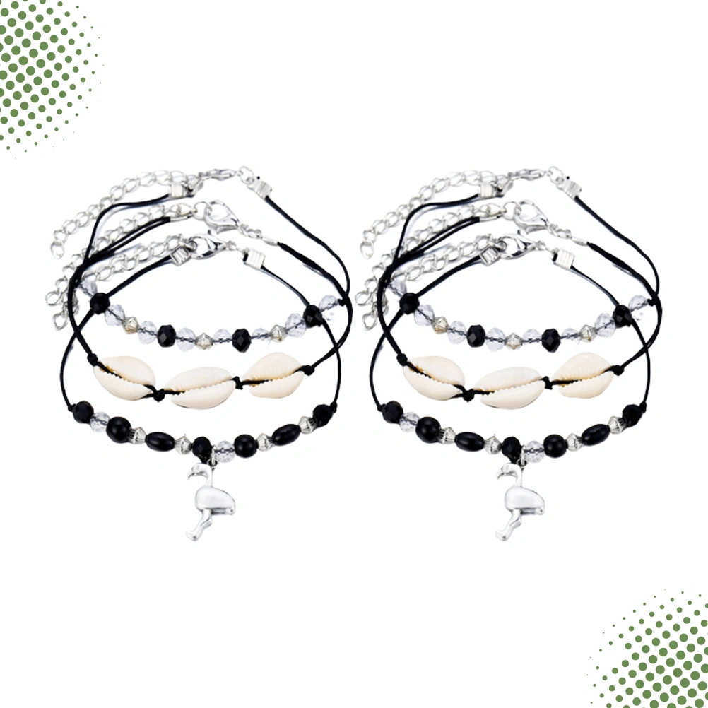 2pcs Vintage Fashion Shell Anklets Beaded Flamingo Beach Anklets Crystal Foot Hanging Chain Pendant Jewelry Decor 