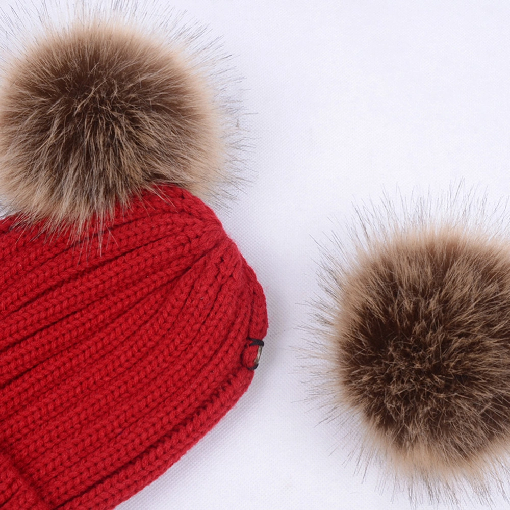 Winter Knit Beanie Hat with Double Pom Pom Ears for Women Girls (Wine Red)