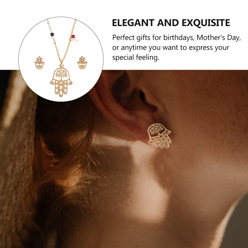 1 Set Fashion Rhinestone Earring Stainless Steel Ear Stud Palm Pendant Necklace