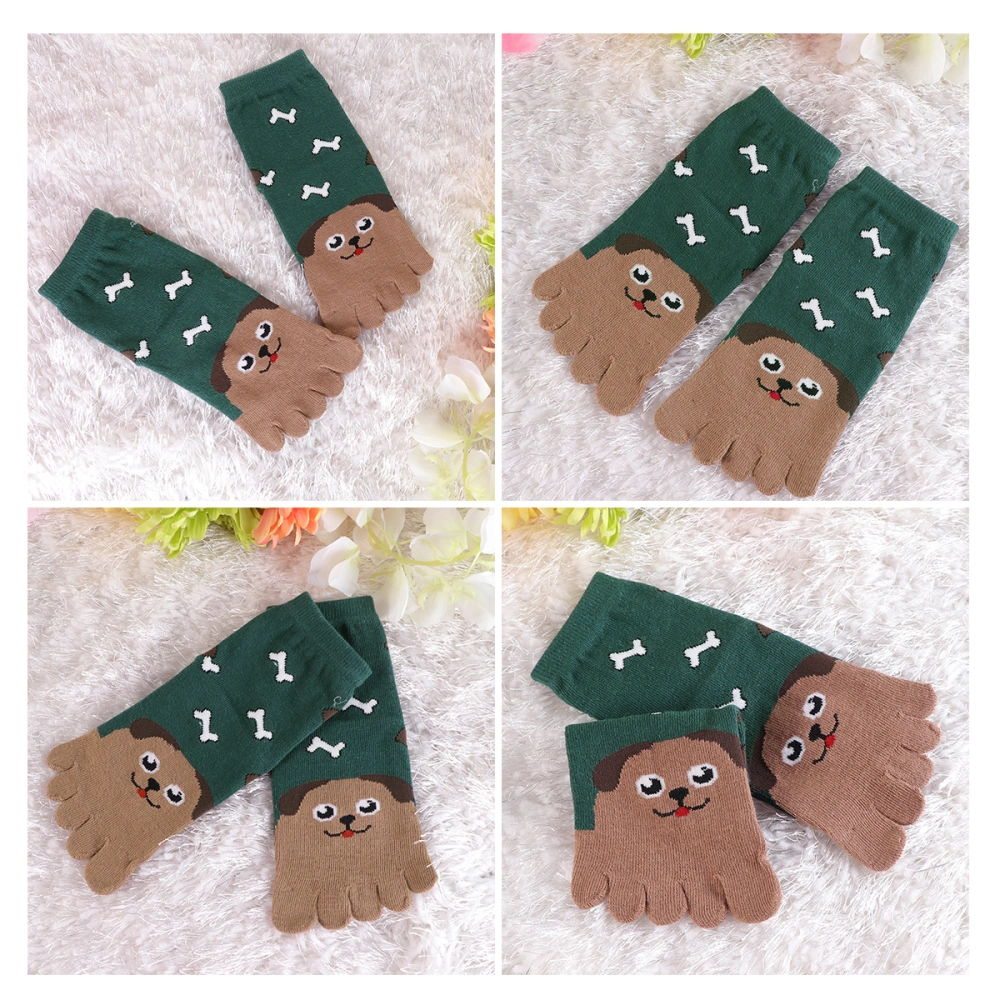 1Pair Children's Cotton Five-toe Socks Boys and Girls Baby Four Seasons Tube Cartoon Embroidery Animal Puppy Licking Bone Cotton Toe Socks for 3-7 Years Old (Dark Green)