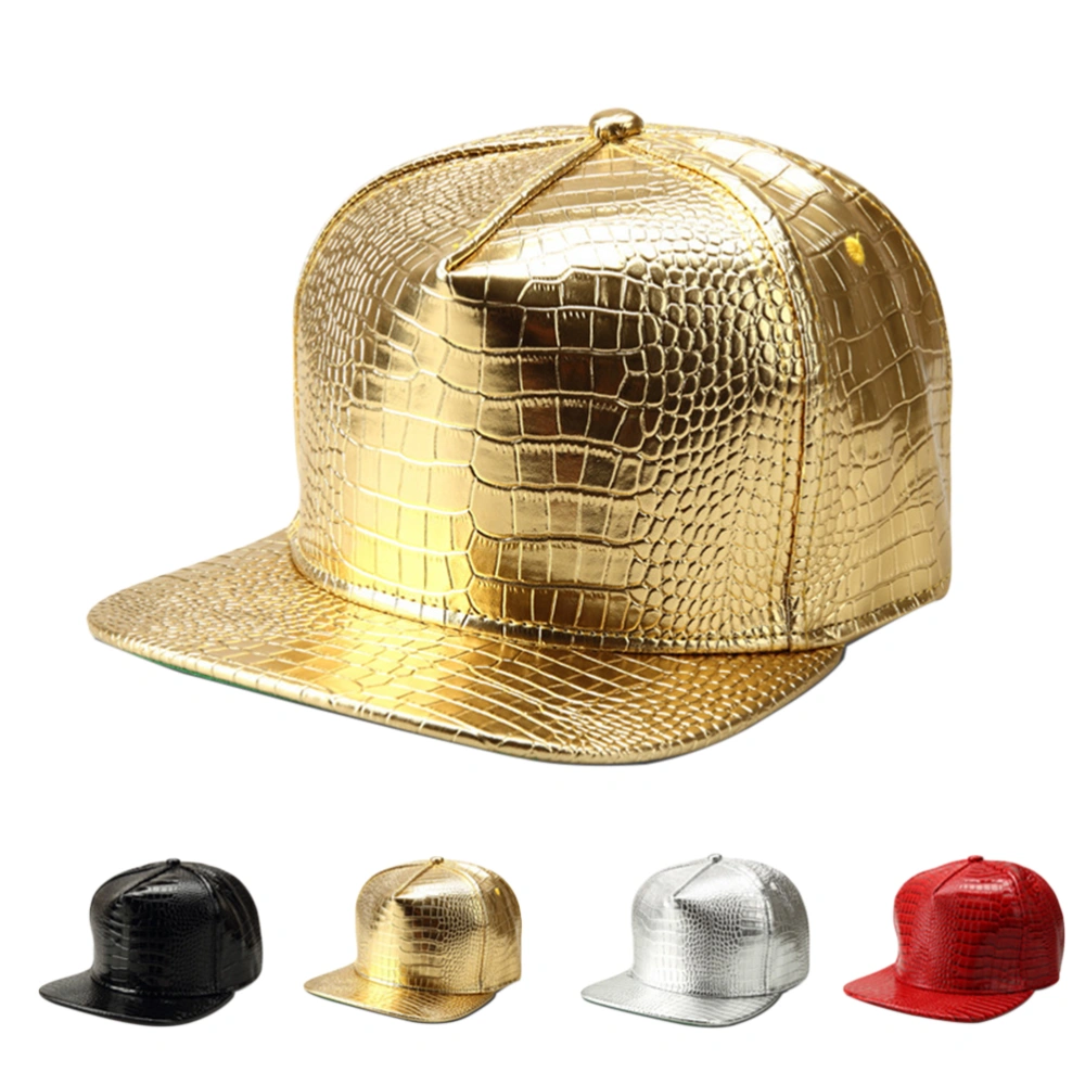 Unisex Crocodile Baseball Caps PU Leather Adjustable Hip Hop Flat Brim Hats Snapback (Gold)