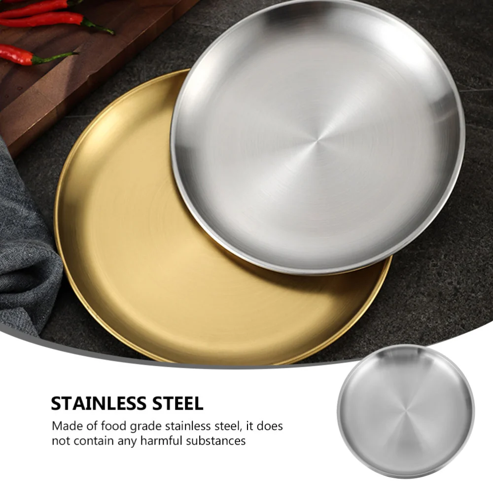 1Pc Stainless Steel Round Tray Food Serving Plate Fruit Tray Grill Plate