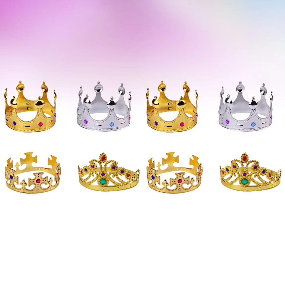 8pcs Kids Crown Plastic Plating Crown Decorated Party Crown Prop for Birthday (Golden Cross Crown + Golden Queen Crown + Golden King Crown + Silver King Crown)