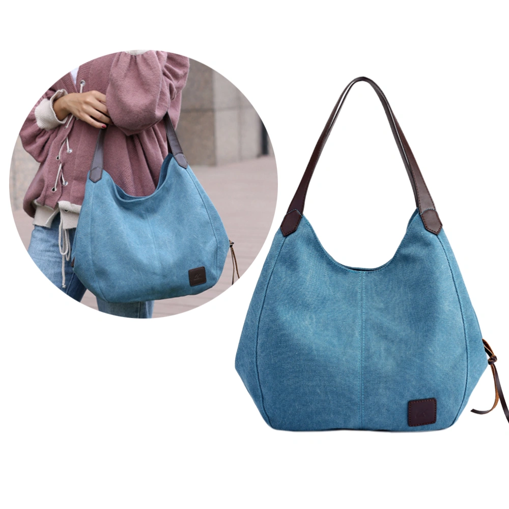 Vintage Canvas Bag for Women Leather Handle Shoulder Bag Hasp Closure Handbag Casual Commuter Mummy Bag(Blue)