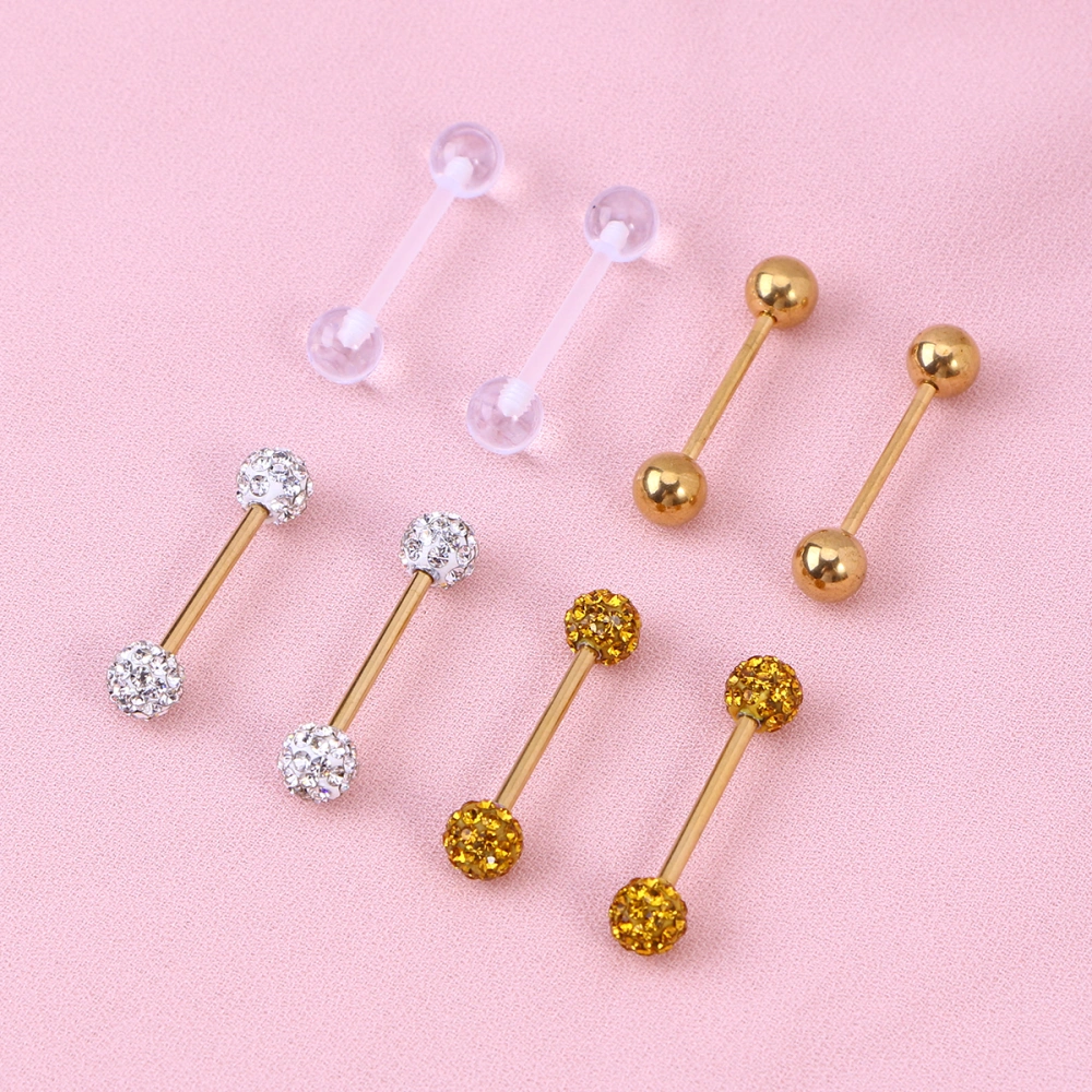 4 Pairs 16MM Human Body Piercing Jewelry Tongue Rings Stainless Steel Barbell Rings Cubic Zirconia Rings Body Piercing Jewelry (Gold)