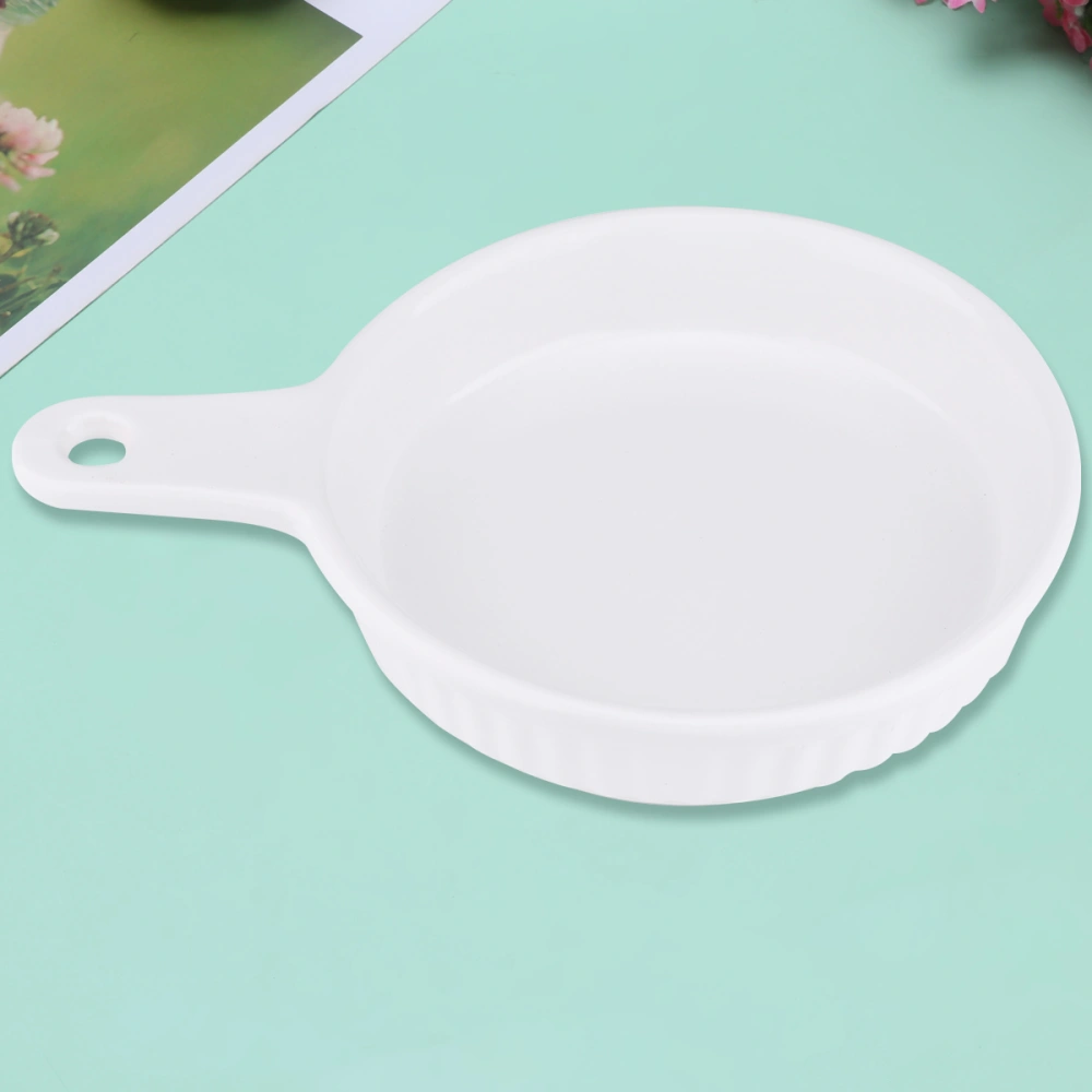 1Pc Ceramic Tableware Round Baking Pan Delicate Ovenware with Single Handle Food Container for Home Kitchen Restaurant (White)