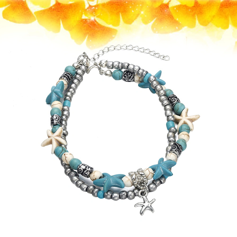 Women Beach Style Pendant Bracelets Vintage Double Layers Anklet Beaded Adjustable Ankle Bracelet Sandal Bracelet with Decorative Clasp for Ladies and Girls