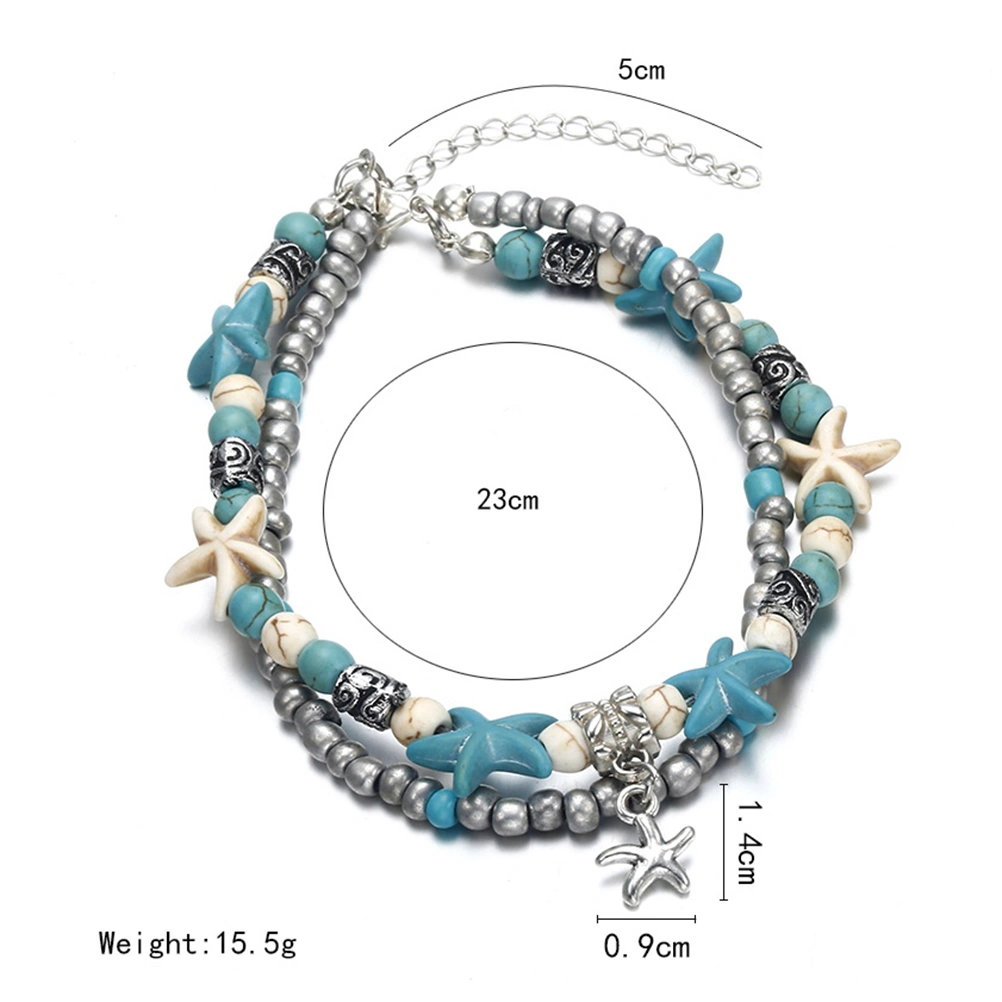 Women Beach Style Pendant Bracelets Vintage Double Layers Anklet Beaded Adjustable Ankle Bracelet Sandal Bracelet with Decorative Clasp for Ladies and Girls
