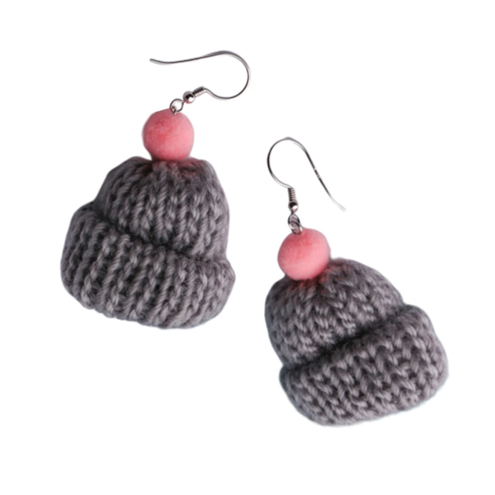 1 Pair of Creative Woolen Knitted Hat Earrings Sterling Silver Crochet Hook Earring Grey