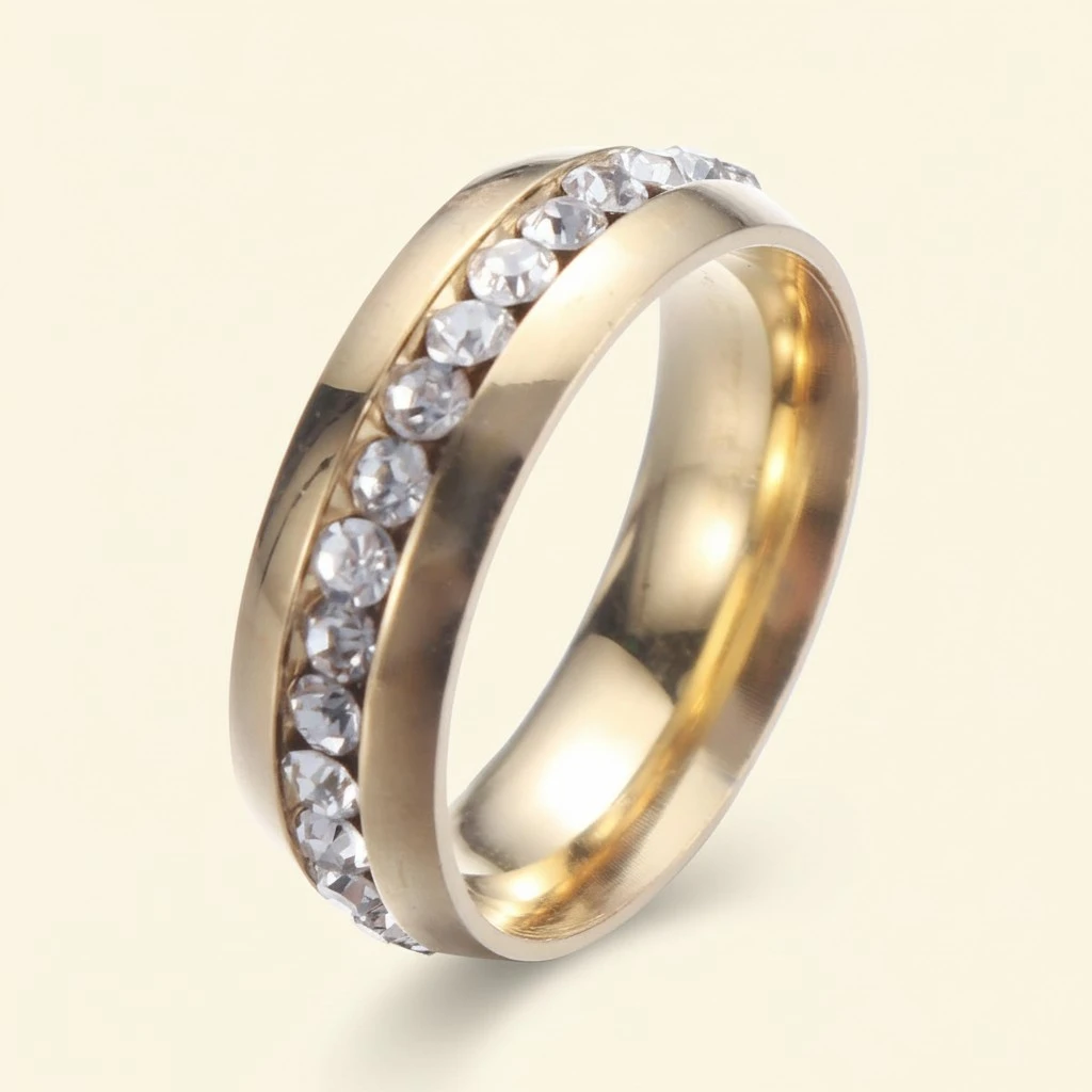Ring Stylish Simple Finger Ring Crystal Diamond Ring Jewelry for Women Wedding Engagement Size 8 (Golden)