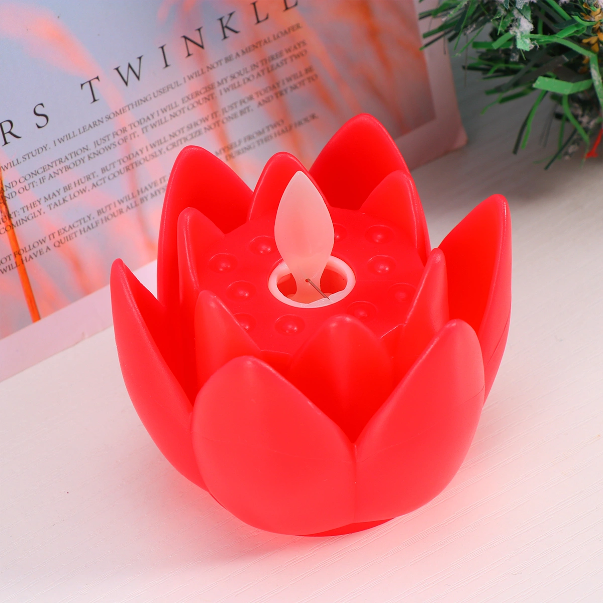 Flameless LED Candle Simulation Lotus Shaped Candle Realistic Dancing LED Candle Flower Decorative Light - with Batteries (Red)