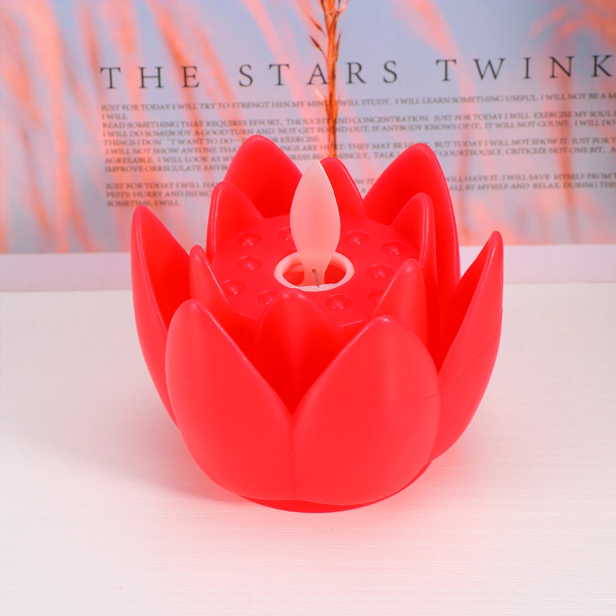 Flameless LED Candle Simulation Lotus Shaped Candle Realistic Dancing LED Candle Flower Decorative Light - with Batteries (Red)