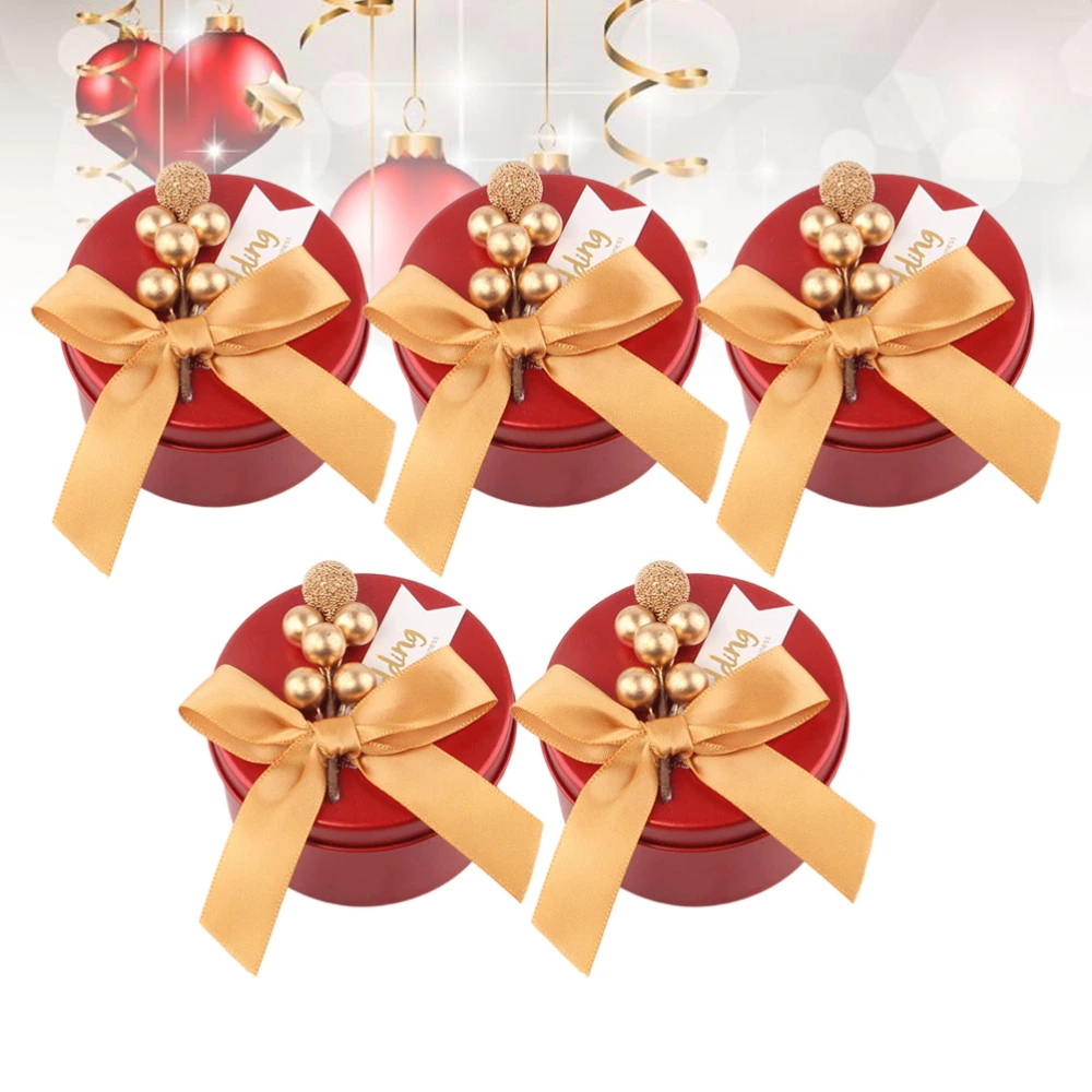 5pcs Creative Round Tinplate Box Sweet Packing Can Gift Box Exquisite Candy Jar for Wedding Party Size S (Red Box Gold Beads Gold Bow)