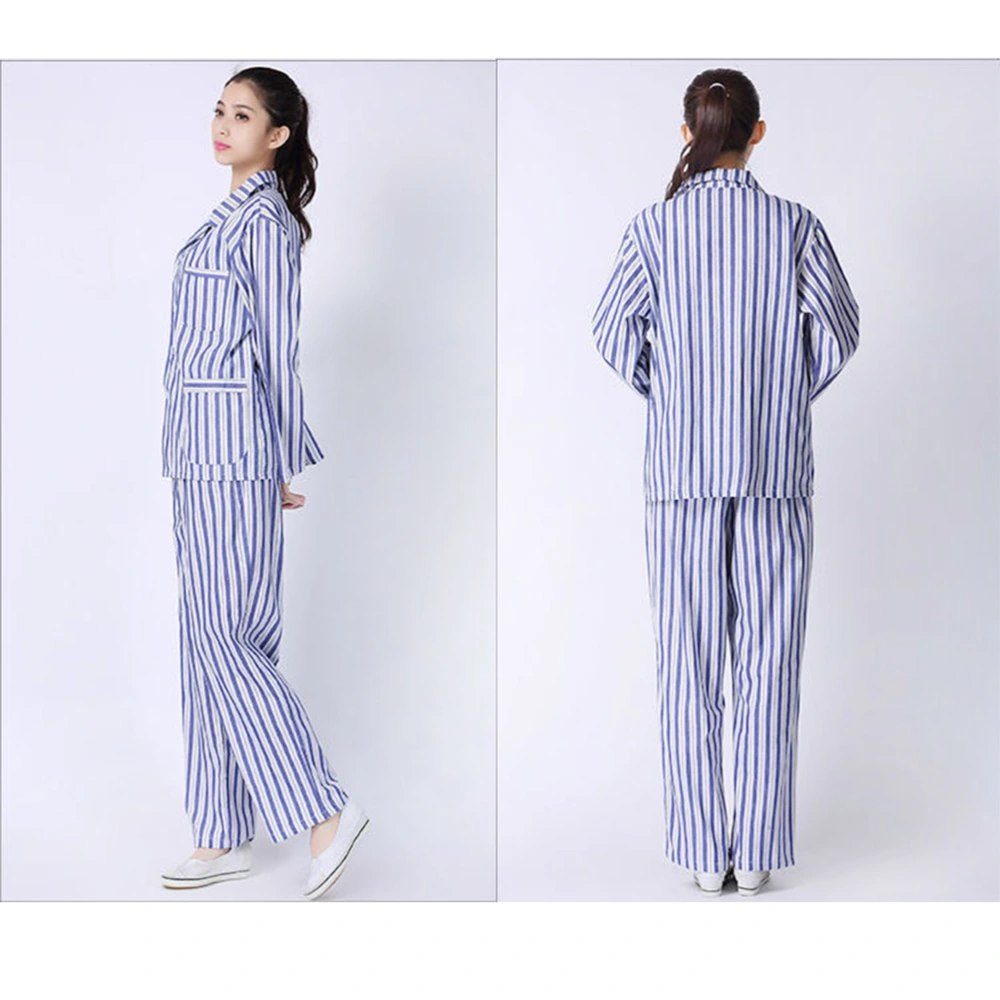 1 Set Adult Pajamas Cotton Comfortable Long Sleeve Clothing for Bedridden Patients Hospital Home (Blue and White Stripe, Size M)