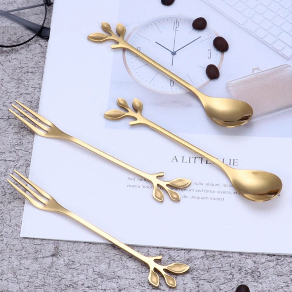 4pcs Stainless Steel Leaf Shape Spoon Ice Cream Scoop Long Handle Spoons for Coffee Dessert (2 Spoons+2 Forks) (Golden)